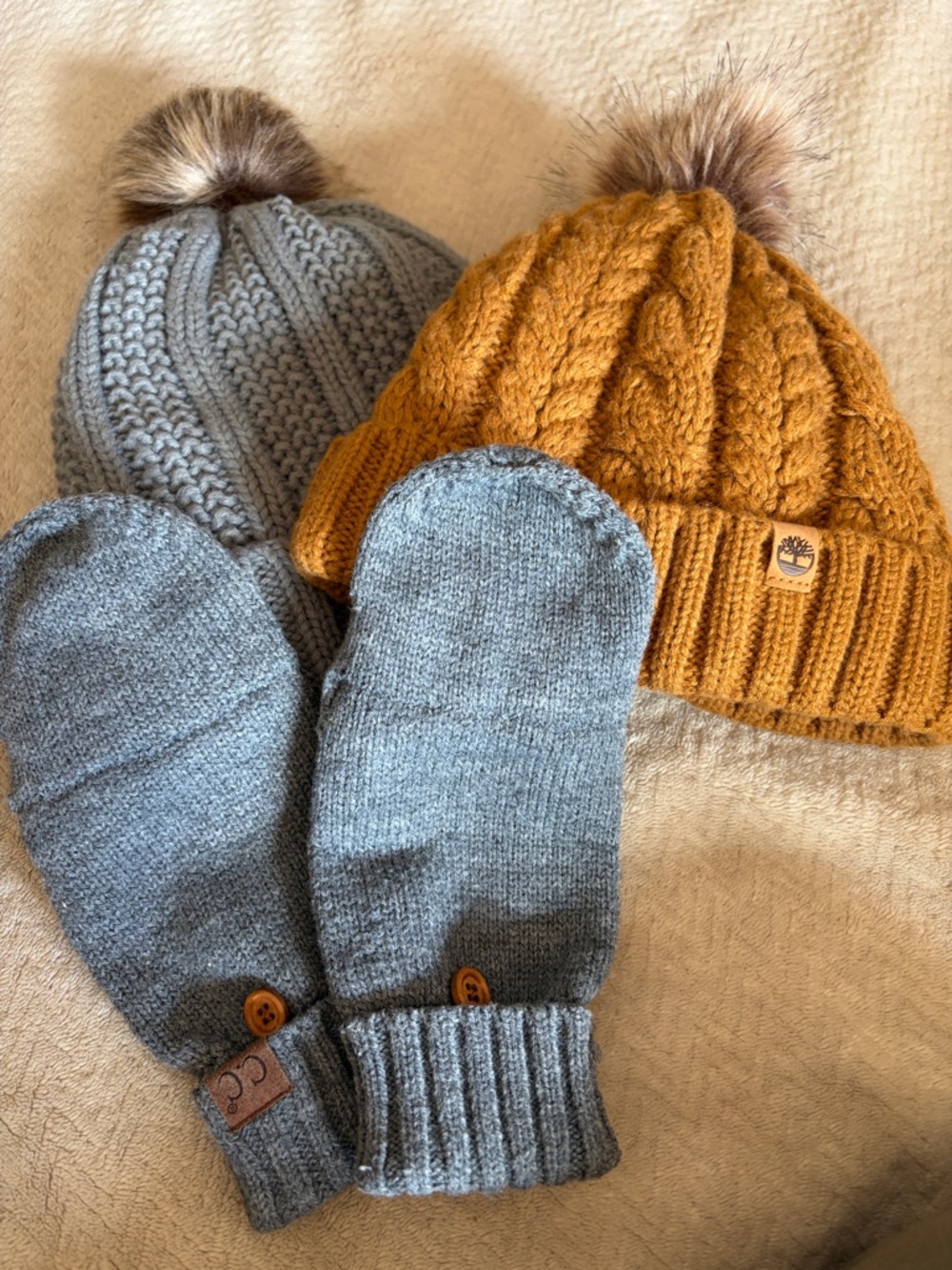 Timberland Mustard Cable Knit Pom Beanie with Gray beanie and grey mittens Set
